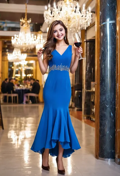 (a fairl girl beautiful eyes long brown hairs slim flitted blue party dress looking beautiful standing in the big party hall shes tall wearing high heels holding a wine glass shes smiling 