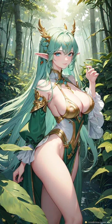 ((Best quality, 8K, masterpiece:1.4)), Anime elf woman, full body, very large breasts:1.5, wide hips, big butt:1.4, slender waist, detailed face, long pointed ears, long flowing silver hair, bright green eyes, wearing a flowing green dress, standing in a l...