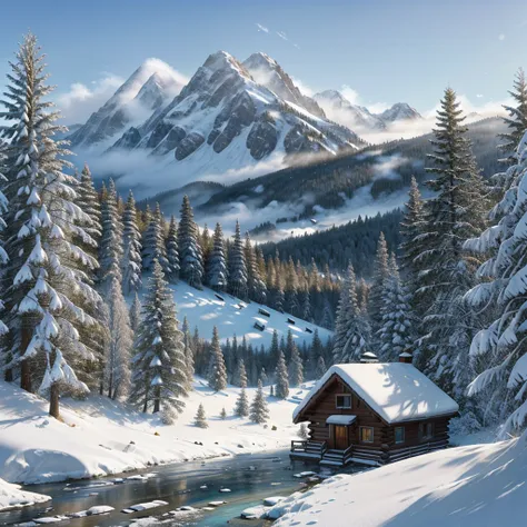 "hyper-realistic digital painting of a serene snow-covered mountain landscape, with towering peaks glistening in the sunlight, t...