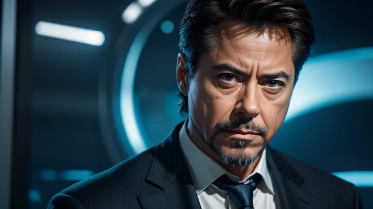 Tony Stark stands tall, dressed in an elegant suit that reflects his image as a sophisticated businessman. His eyes, intense and thoughtful, gaze ahead with a mix of determination and contemplation. Sunlight filters through the surroundings, creating a pla...