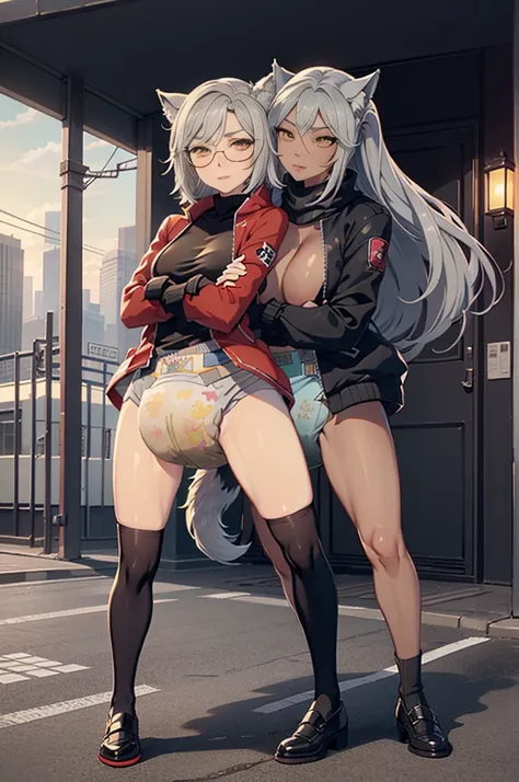 1girl, mature woman, dark skin, yakuza girl, open jacket, small breasts, abs, sunglasses, wolf ears, wolf tail, jacket, yellow eyes, grey hair, city, (2heads:1.3), absurdres, high quality, masterpiece, beautiful background, arms crossed, dynamic pose, beau...