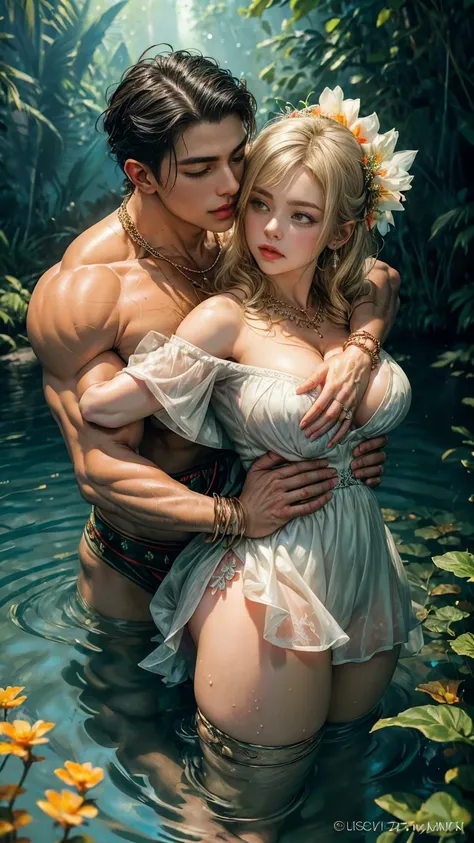 portrait,(NSFW 0.75) (one muscular man and one woman, hugging each other))((touching eachother, kissing))((muscular man,  pose)) ,very very big breast, soft nylon sexy , orange , pink ,teal,red, yellow flower colour ,flower design modern light white weddin...