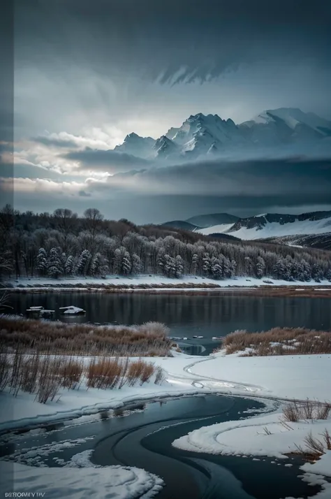 a snowy landscape in Nebraska, a blizzard on the Platte River, dark clouds, swirling snow, bare trees, icy water, shivering wildlife, cold wind, frozen landscape, desolate winter scene, dramatic lighting, moody atmosphere, high contrast, blue tones, muted ...