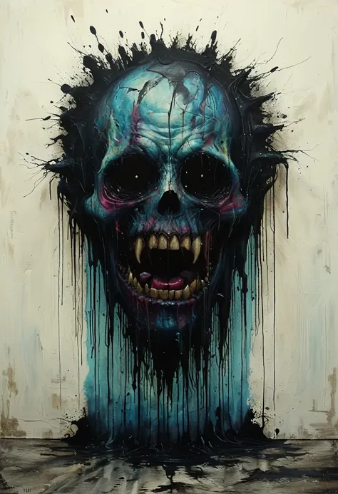 monstrous entity emerging from dark corner, overcast light, gorgeous splash of vibrant paint