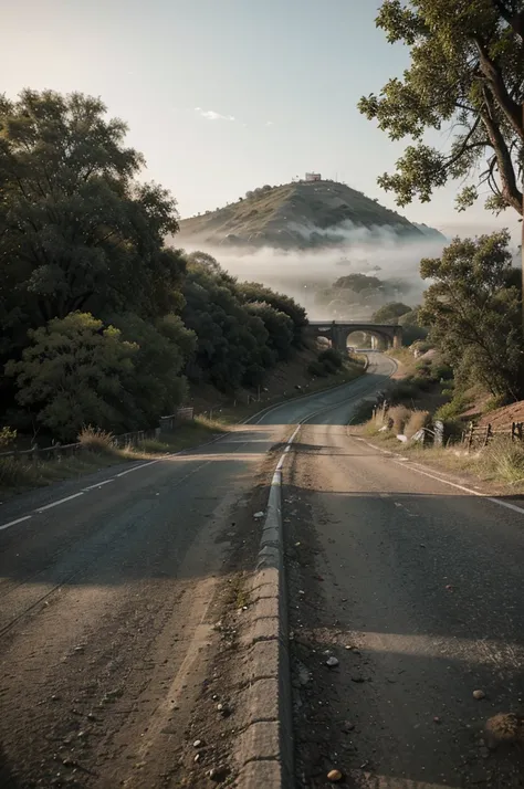 "On a narrow, deserted country road at dusk, a bicycle is lying on its side, with a wheel still turning slowly. The scenery is shrouded in thick fog that obscures distance vision.. Next to the bike, a narrow, winding path leads to an old, rusty bridge that...