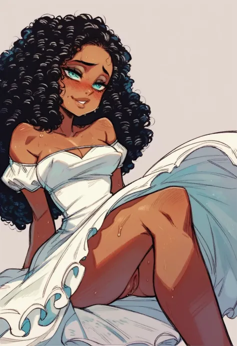 One girl, curly hair, blushed, black hair, turquoise_eyes, dark skin, sweating, flirty face, wet_dress, white_dress, transparent_dress, nipple, pussy, NSFW