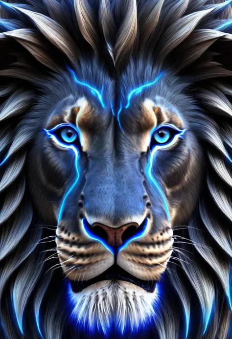 Lions Head made out of Blue Electricity Bolts, Surrealism, black background, (high detailed skin:1.2), 8k uhd, dslr, Dramatic Rim light, high quality, Fujifilm XT3