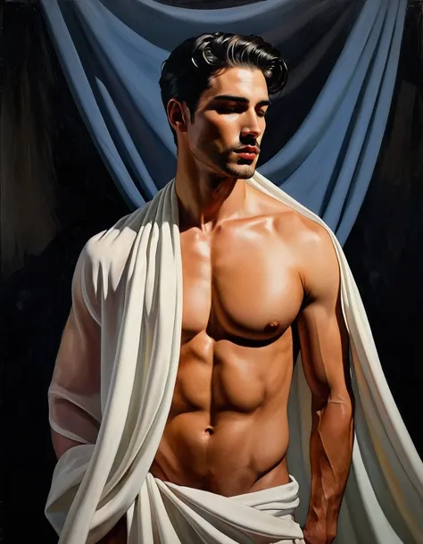 chiaroscuro technique on sensual illustration of an arafed man in white drapes, sexy masculine, diego fazio, male model, by Ludovit Fulla, model with attractive body, inspired by Ludovit Fulla, mid-shot of a hunky, the model draped in flowing, thick oil pa...