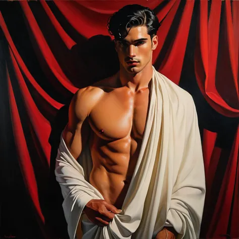 chiaroscuro technique on sensual illustration of an arafed man in white drapes, sexy masculine, diego fazio, male model, by Ludovit Fulla, model with attractive body, inspired by Ludovit Fulla, mid-shot of a hunky, the model draped in flowing, thick oil pa...