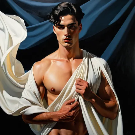 chiaroscuro technique on sensual illustration of an arafed man in white drapes, sexy masculine, diego fazio, male model, by Ludovit Fulla, model with attractive body, inspired by Ludovit Fulla, mid-shot of a hunky, the model draped in flowing, thick oil pa...