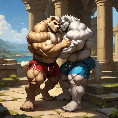 a huge muscular furry polar bear at the the Island of Crete, column ruins, huge shoulder muscle , shirtless, muscle, strong man, huge muscle, huge white fur, short hair, bearded, white hair and beard, huge white fur, wrinkles skinned, black short trunks, s...