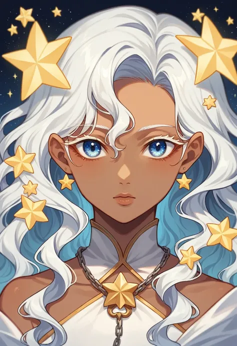 A beautiful girl with wide big eyelashes eye, blue eyes, long hair, soft lips, brown skin, hair blue, wavy hair, hair bangs, yellow glowy stars on hair, white tip with light blue, neck chain with a white star, right gaze, glow around, fantasy, magical