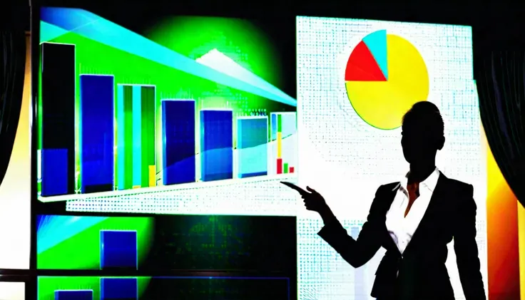 A confident businesswoman standing in front of a presentation screen showing business growth charts --ar 16:9