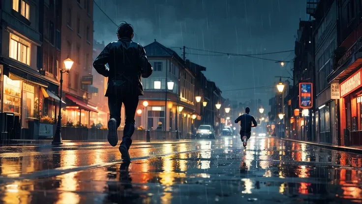 Man running in the night rain 