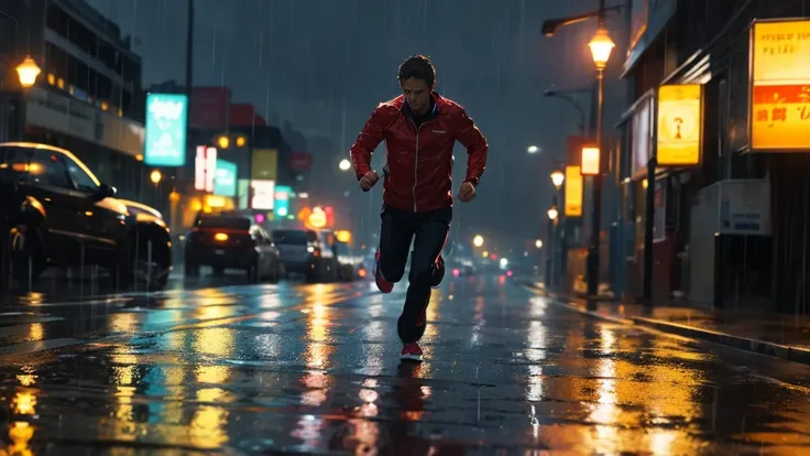 Man running in the night rain 