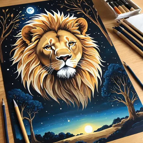 (((Masterpiece artwork))), best qualityer, illustration, beautifuldetailedglow, paper_hackear, lion, tree, ..moonligh