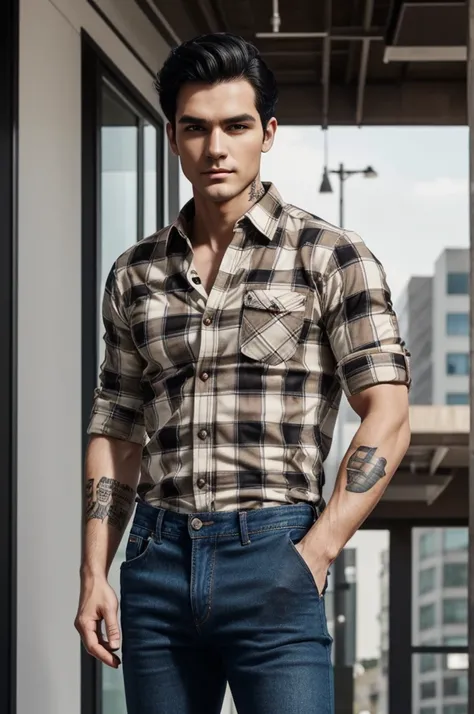 Create a Human man of 1. 60 tall. White skin with medium build, semi-thin body, black hair and light brown eyes, round face, soft tattoos on the arms, jeans-type pants and a plaid shirt.