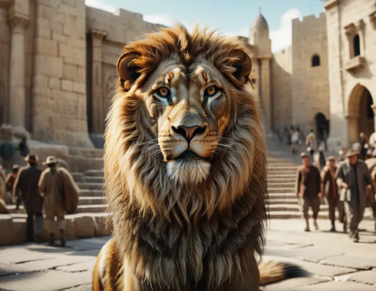  the chronicles of narnia, Aslan in the Jerusalem, Solomon Temple in the background, hyper-realistic close-up image, 8k resolution, cinematic lighting, UHD, HDR, RAW,  intricated details, color grading,  gradient map, epic masterpiece, film poster style, d...