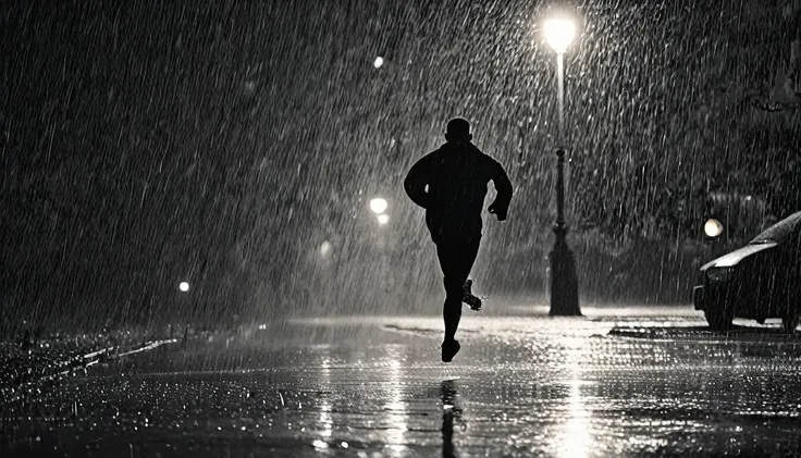 Man running in the night rain 