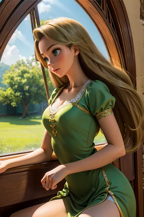 Castle setting, natural lighting, athletic body, sun shining in window, wearing green dress,