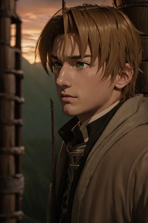 A young man in realistic portrait of high quality and detail, 2000s movie style, Rudeus Greyrat (Mushoku Tensei), a tall, well-built young teen man with a handsome appearance. He has light brown hair and green eyes, and he also has a mole under his left ey...