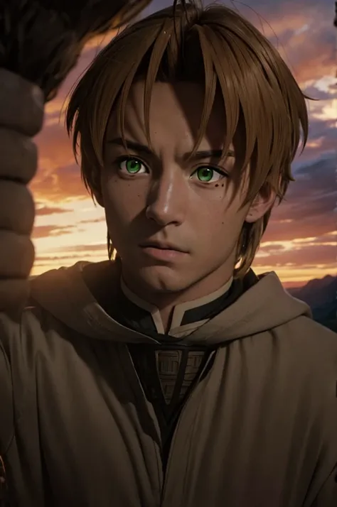 A young man in realistic portrait of high quality and detail, 2000s movie style, Rudeus Greyrat (Mushoku Tensei), a tall, well-built young teen man with a handsome appearance. He has light brown hair and green eyes, and he also has a mole under his left ey...