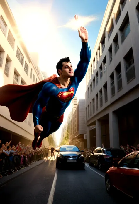 uperman flying over street between building waving at people cheering for him,in superhero pose cape flapping