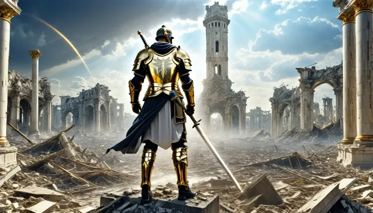 hdr, best image, a soldier of god with a drawn sword, with cover, from the heavens, in front of a destroyed city, white ivory to...