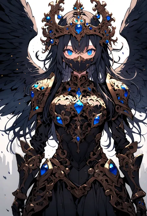 angel with black wings, wearing a black mask, Using armor, blue eyes