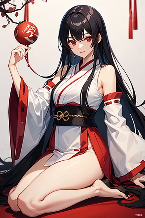 50 years old,woman,miko,Yandere,japanes miko,black hair,long hair,red eyes,