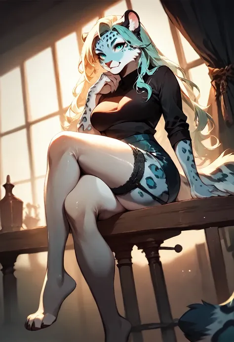 score_9, score_8_up, score_7_up, score_6_up, score_5_up, score_4_up, (solo), female anthro Snow leopard, black shirt, mini skirt, lusty, fluffy body, long blond hair, turquoise eyes, sitting, (thick thighs:1.3) (she is standing) garter belt tights, legs cr...