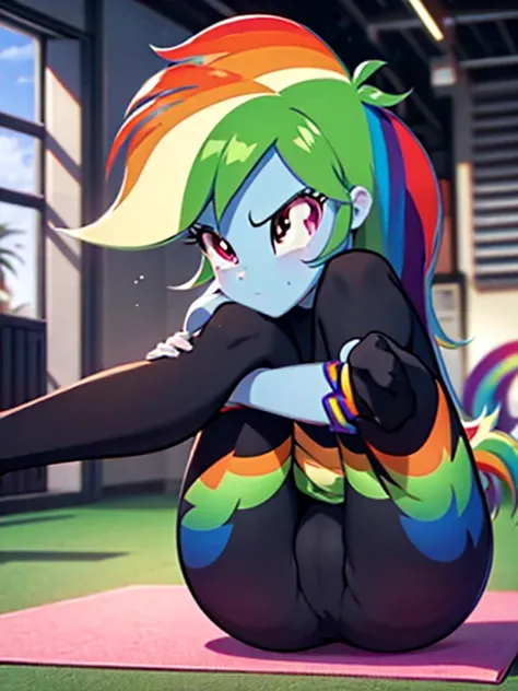 1girl, solo, Rainbow Dash, Rainbow Dash of My Little Pony, Rainbow Dash as a girl, , hoodie, yoga pants, legs spreading, legs spread