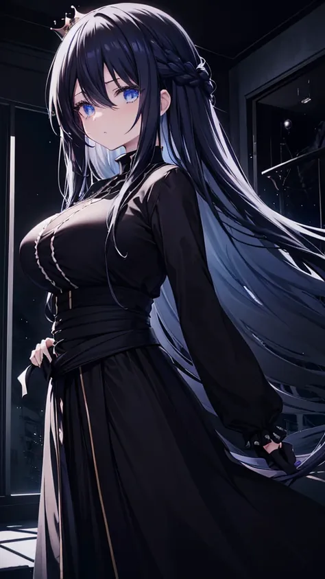 best quality, extremely detailed, anime style girl, long hair down to the waist, straight hair, dark black hair with bluish,crow...