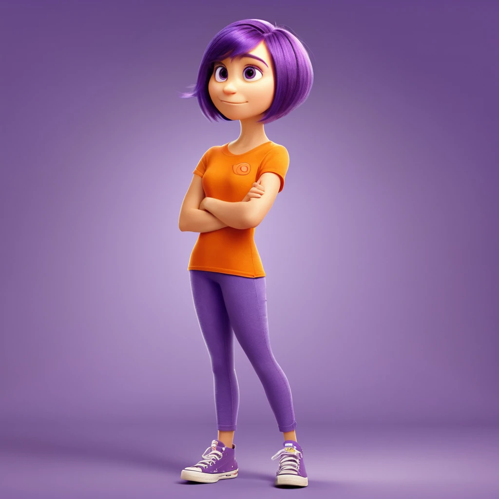 "Courage" cartoon character inspired by the film "Inside Out", full body, orange skin, purple short hair, female character, non-humanoid face, pixar style. 