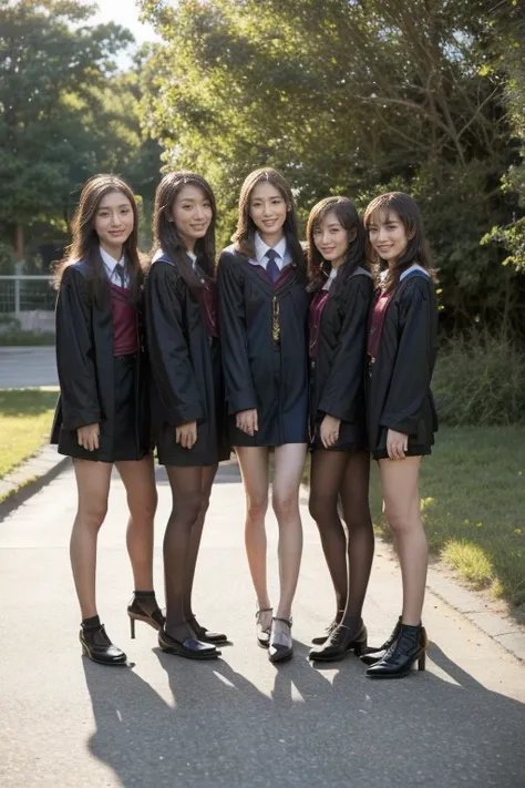 Five standing together，Graduation photo,  , Wearing academic dress, Slender long legs，postgraduate, Photo taken in 2023, happy ，