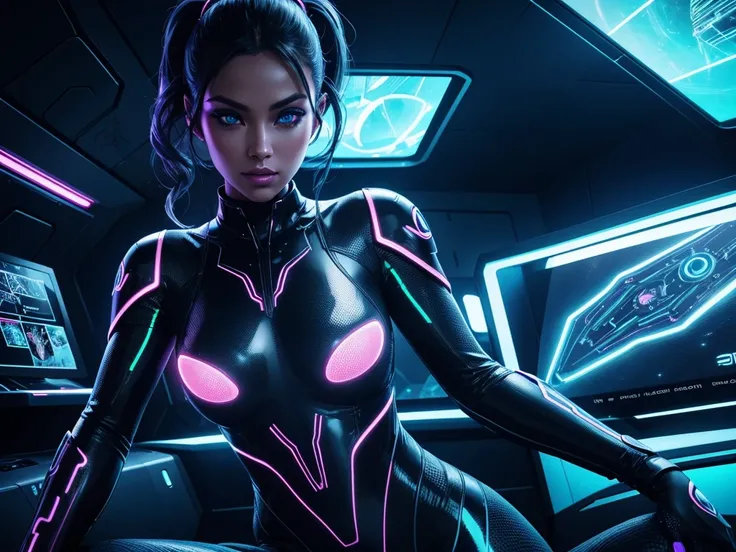 a sexy woman playing video games in a futuristic spaceship, beautiful detailed eyes, beautiful detailed lips, extremely detailed face, long eyelashes, beautiful woman, tight bodysuit, holographic displays, neon lights, glowing monitors, sleek and modern in...