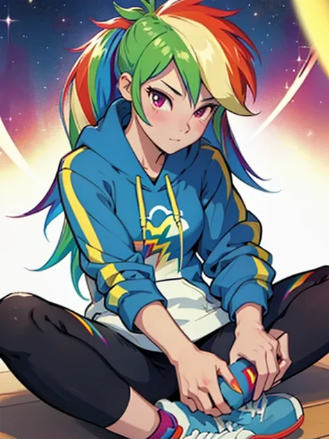 best quality, high quality, a cute girl, solo, rainbow dash, hoodie, yoga pants, legs spreading, legs spread