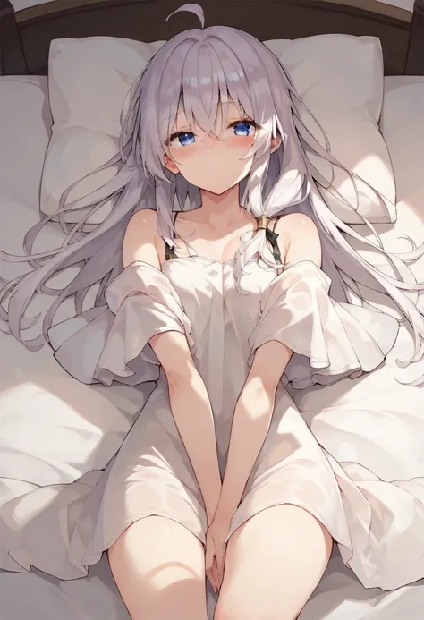 score_9, score_8_up, score_7_up, 1girl, solo,  elaina,  dress, bare shoulder, on bed, thighs, chand between thighs, blush, look ...