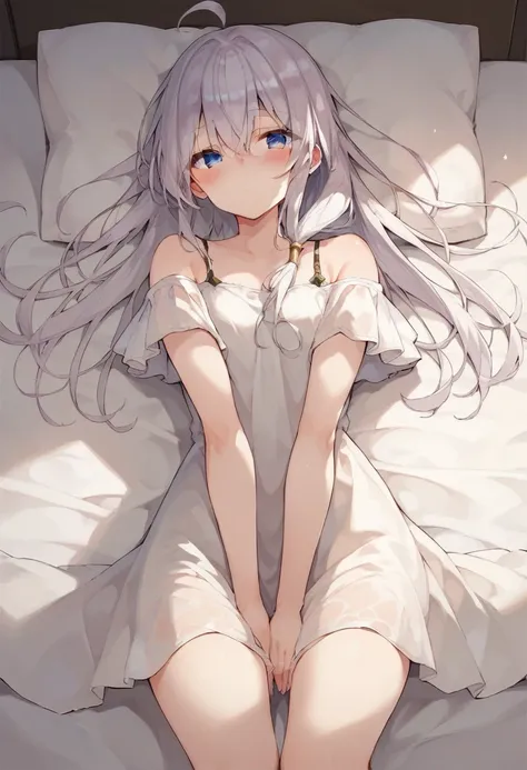 score_9, score_8_up, score_7_up, 1girl, solo,  elaina,  dress, bare shoulder, on bed, thighs, chand between thighs, blush, look ...