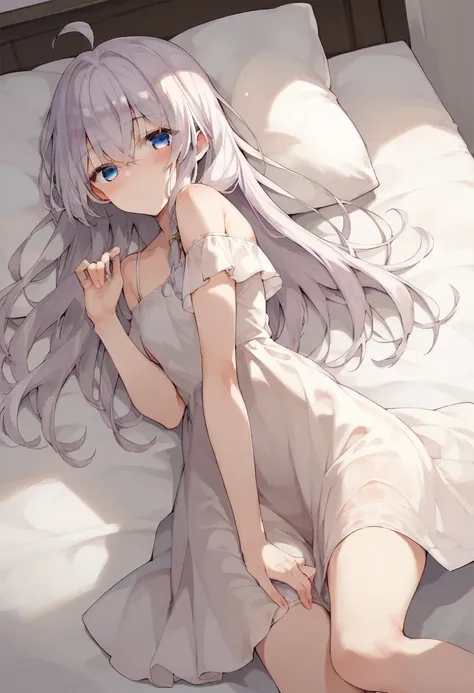 score_9, score_8_up, score_7_up, 1girl, solo,  elaina,  dress, bare shoulder, on bed, thighs, chand between thighs, blush, look ...