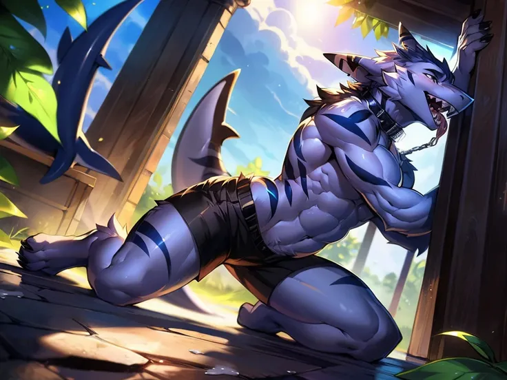 Beautiful detailed portrait showing male werewolf , Full body like，subtract, author：ross tran,ruanjia, A high resolution, photo-realism, light,Muscle tissue，kneel，Vigorous， White belly，Hairy belly，Black  shorts，canineteeth, ssmile, Undress，Clothes were thr...