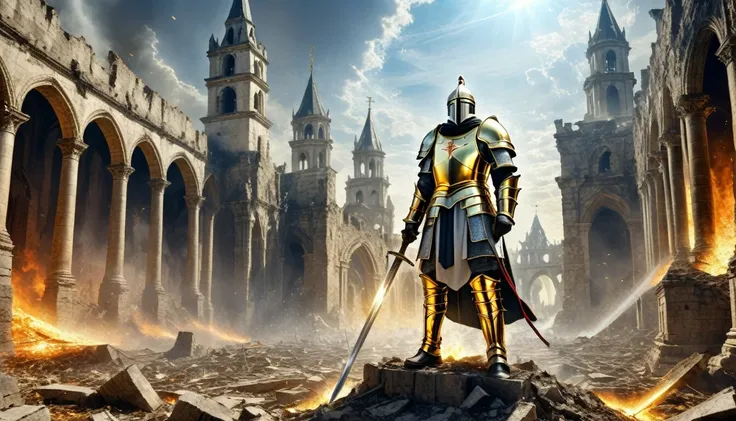 hdr, best image, a soldier of god, templar knight, with drawn sword, with cover, from the heavens, before a destroyed city, whit...