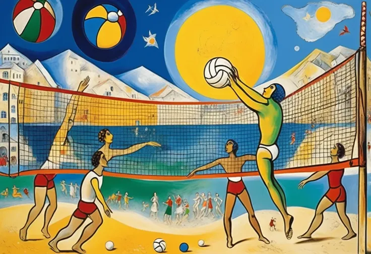 Beach volleyball ((Marc Chagall style)), magic naive art, primitivism, protogen, 
, ((best quality, Masterpiece)), ((Highest detail)), RAW:1,1, 8k