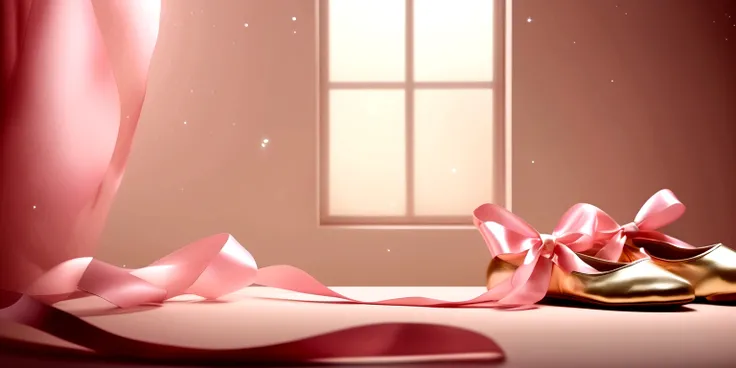 Banner graph；poster；There is a pair of small ballet shoes in the corner of the picture，Wrapped in a pink ribbon；Ribbons fill the screen；dream，mystery；Big scene；Golden pink hue。Low saturation；Background pure，Simplicity。Large blank space in the center。