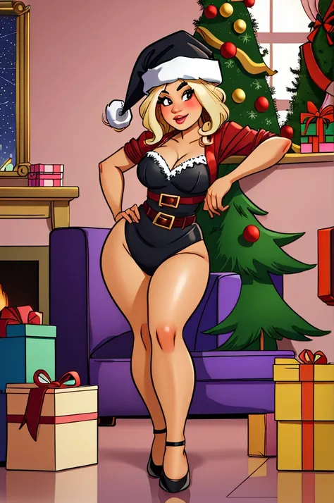 1girl in a santa hat and stockings, adult, curvy body, posing  in front of a christmas tree with presents, rococo