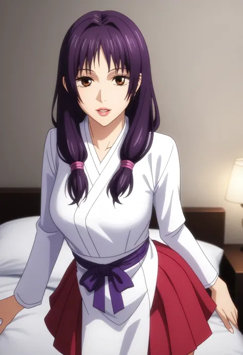 score_9_up, score_8_up, score_7_up, 1girl, solo, mature female, ((utahime)), (((long dark purple tied hair))), brown eyes, pink ...