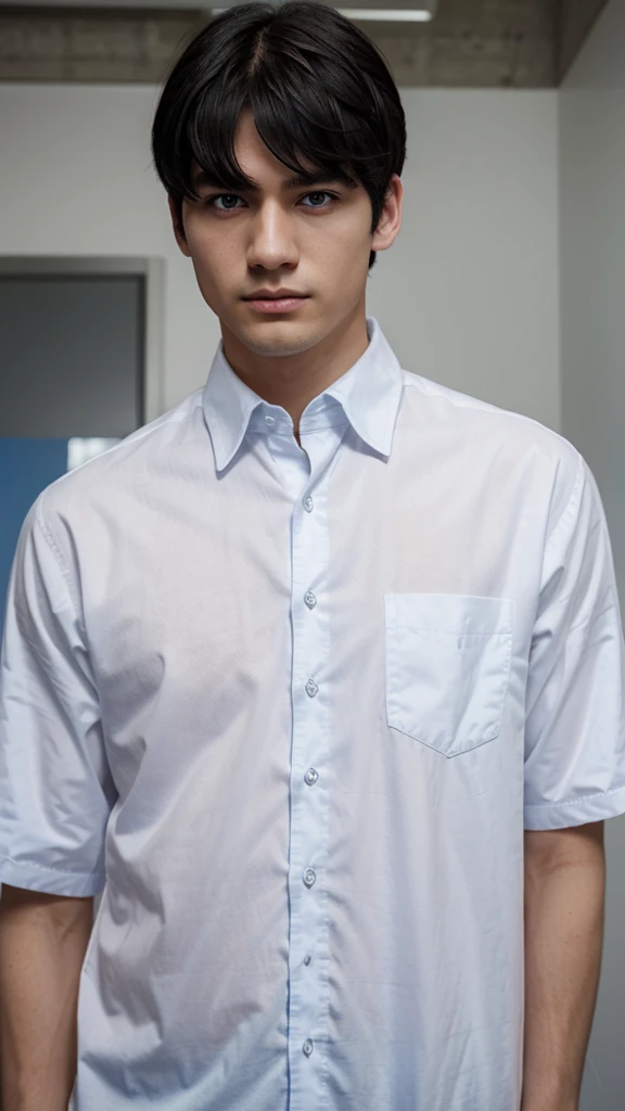 a black-haired, black-eyed, white-skinned man wearing a blue shirt