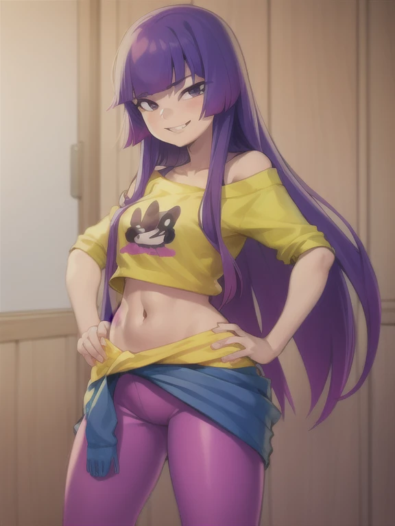 1girl, miko_kubota, long hair, smile, hands on hips, yellow shirt, off shoulder, navel, purple leggings, sweater around waist, b...