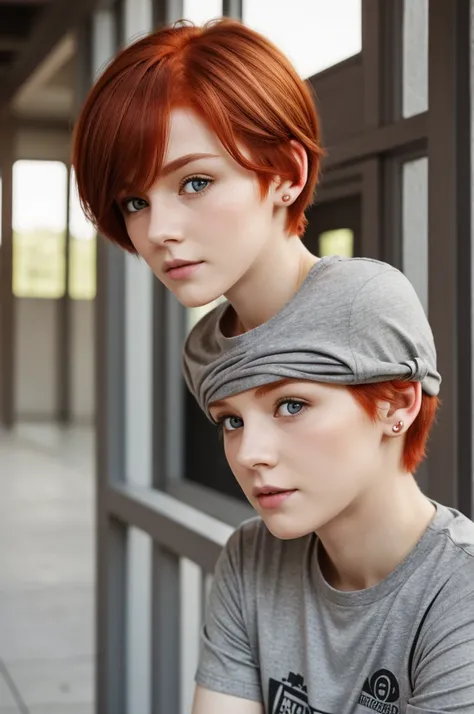 Red-haired girl with ears and short hair, gray eyes, gray eyes, gray T-shirt and pale skin