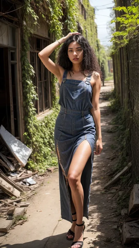 A beautiful European women, queen, Hands up fixing hair, full body, wearing torn dress, long dress, bone crown, grey sky, Post-Apocalyptic city, destroyed buildings, lianas, trees, vines. She is 24 years old, has black hair, long hair, curly hair and black...